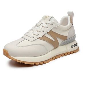 Somiliss Sneakers Genuine Leather Suede Patchwork Lace-Up Cream/Tan Size 9.5